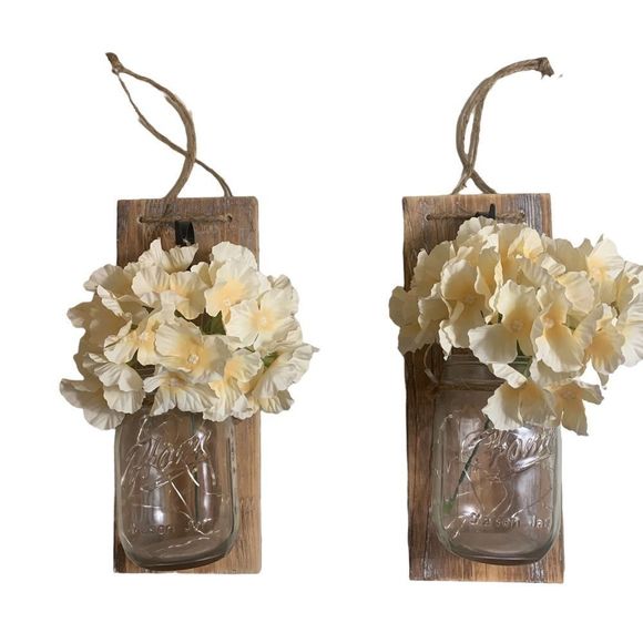 Rustic Mason Jar Wall Decor -Distressed Wood Wall Sconces with LED String Lights - Picture 1 of 6